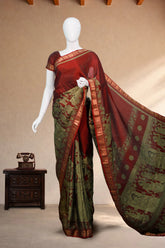 Maroon Maheswari Silk Saree with Mythological Kalamkari Print