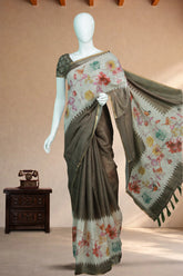 Mehendi Green Linen with birds and floral print