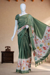 Moss Green Linen with birds and floral print