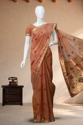 Chocolate Brown Tissue Silk with Paithani Print