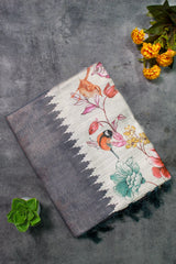 Dark Grey Linen with birds and floral print