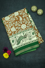 Brown-tan Maheswari Cotton with Floral Kalamkari Print