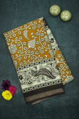 Mustard Yellow Maheswari Cotton with Floral Kalamkari Print