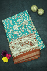 Teal Blue Maheswari Cotton with Floral Kalamkari Print