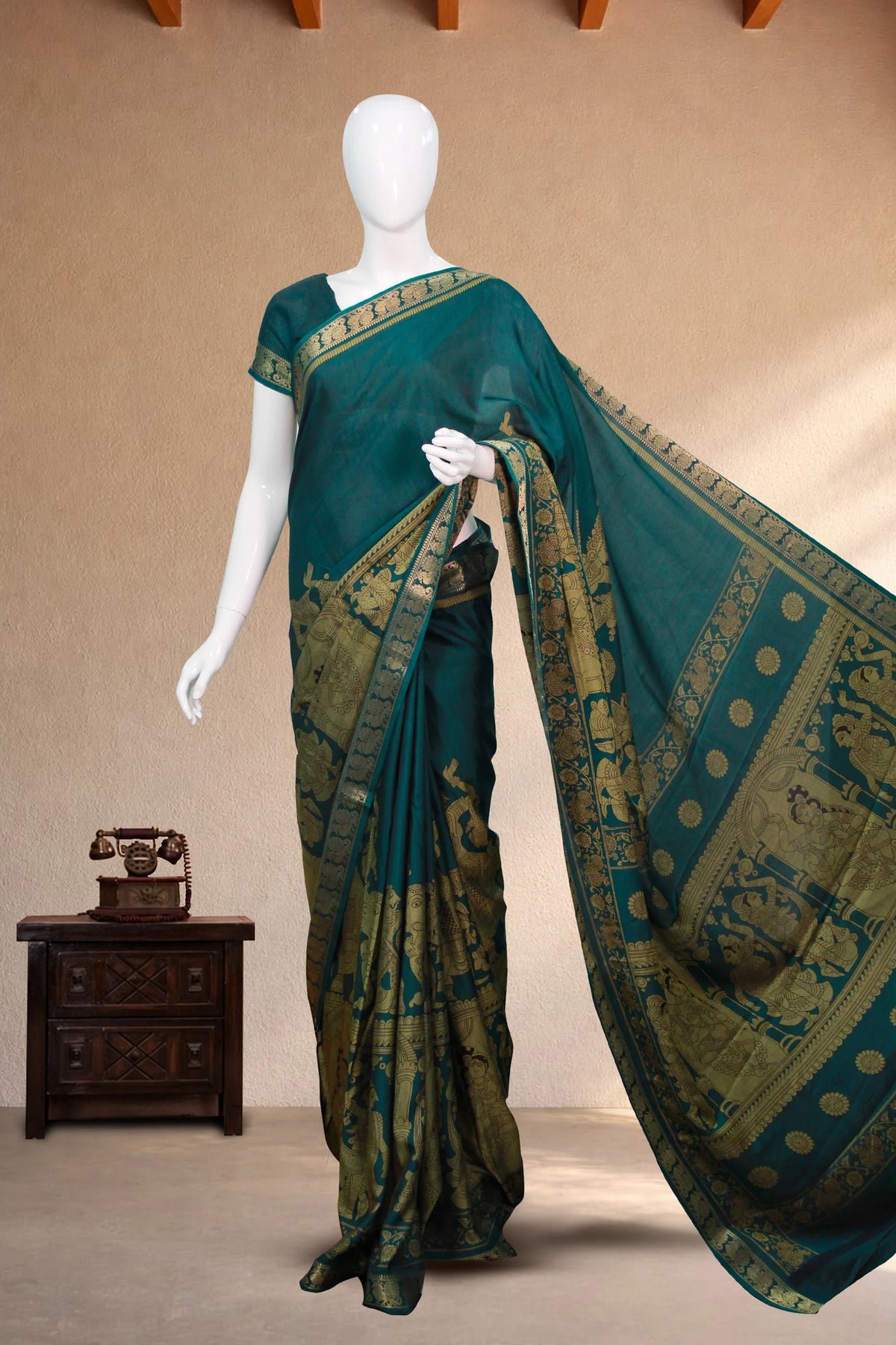 Teal Blue Maheswari Silk Saree with Mythological Kalamkari Print