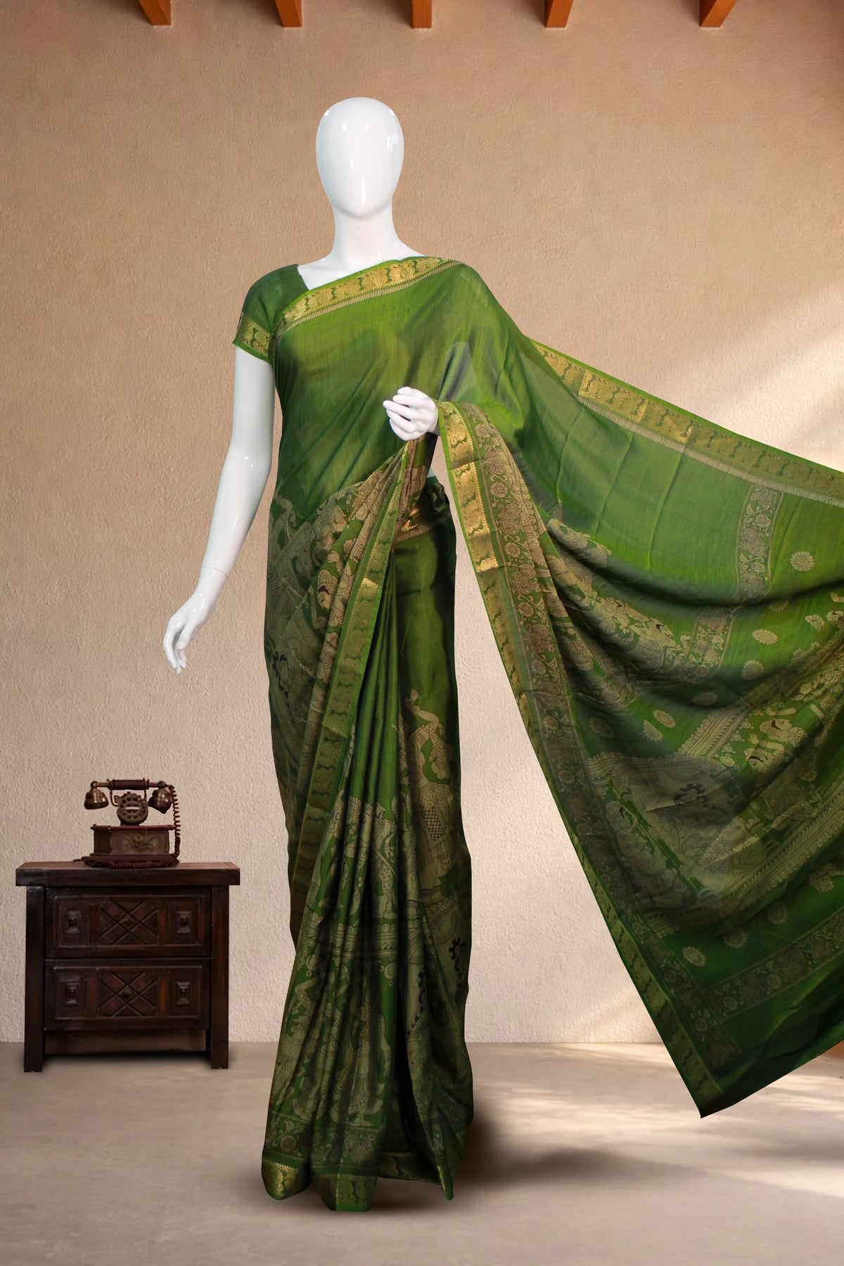 Sage Green Maheswari Silk Saree with Mythological Kalamkari Print