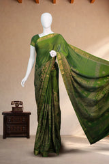Sage Green Maheswari Silk Saree with Mythological Kalamkari Print