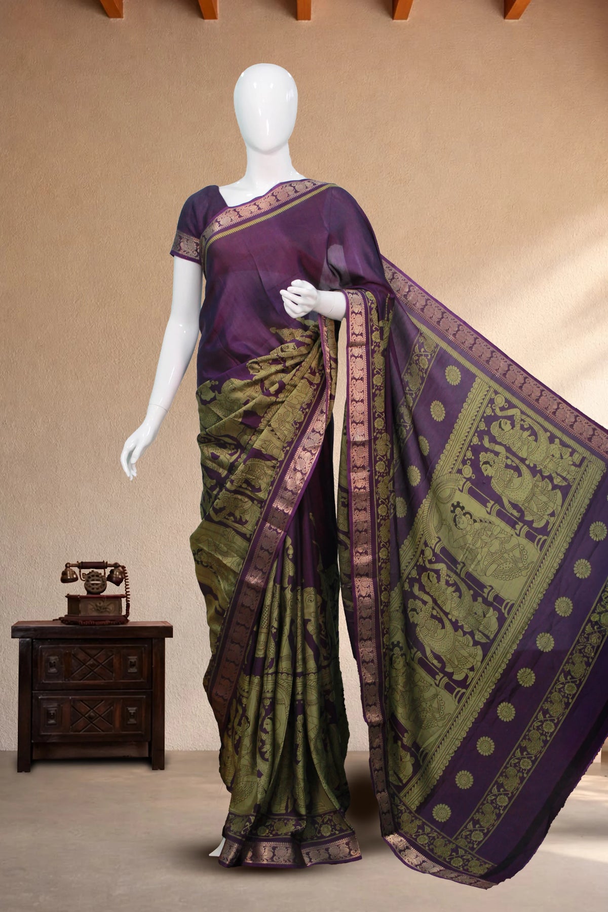 Rich Purple Maheswari Silk Saree with Mythological Kalamkari Print