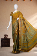Mustard Gold Maheswari Silk Saree with Mythological Kalamkari Print