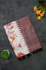 Mocha Brown Linen with birds and floral print