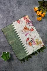Moss Green Linen with birds and floral print