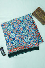 Peacock Blue Modal Silk (Mirror Work) with Ajrakh Block Print