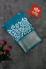 Peacock Blue Printed Cotton Saree