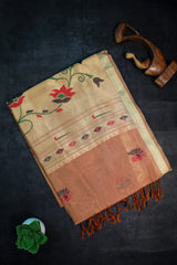 Chocolate Brown Tissue Silk with Paithani Print
