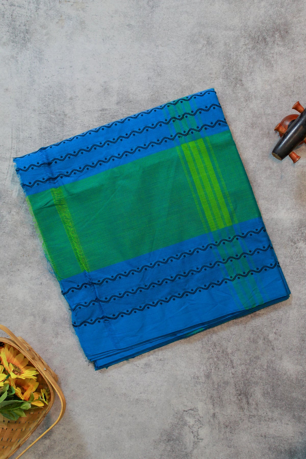 Turquoise Green Chikku Kolam Pure Cotton Saree (Without Blouse)