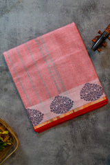 Mauve Pink Block Print Pure Cotton Saree (Without Blouse)
