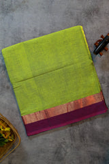 Plain Parrot Green Pure Cotton Saree (Without Blouse)
