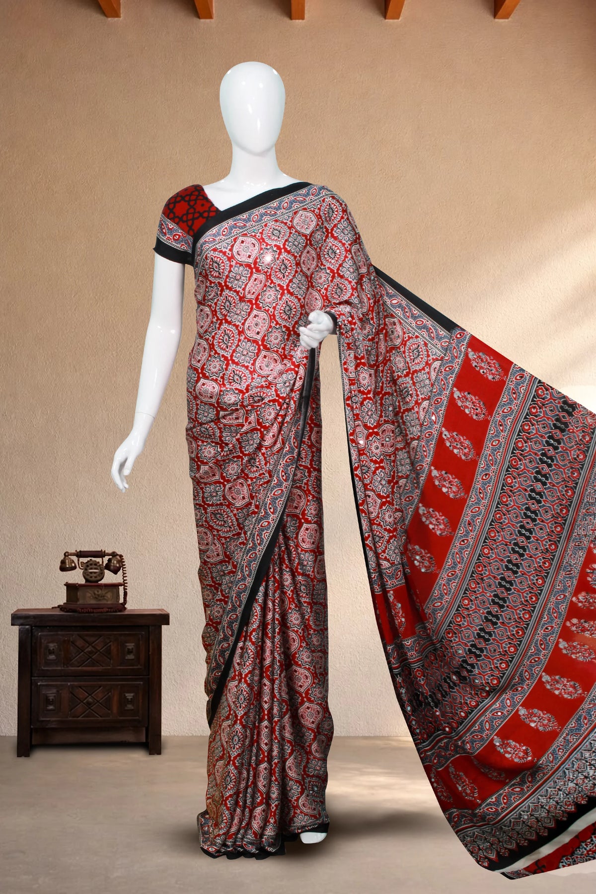 Brick Red Modal Silk (Mirror Work) with Ajrakh Block Print