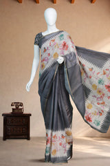 Dark Grey Linen with birds and floral print