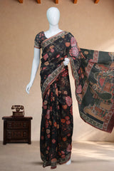 Greenish Black Linen Chanderi
