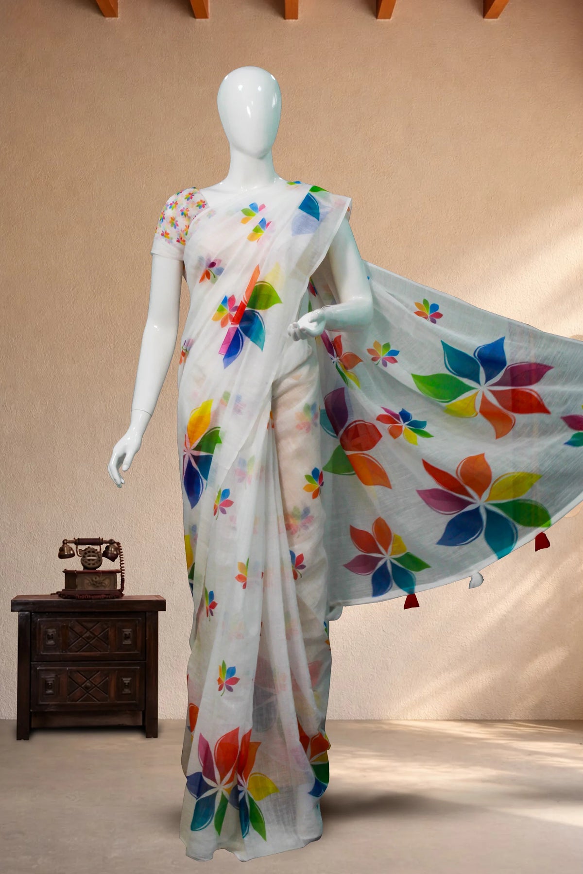 White Linen Cotton with Floral Print