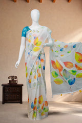 White Linen Cotton with Leaf Print