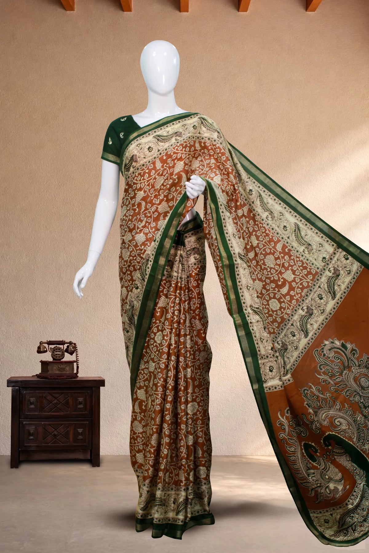 Brown-tan Maheswari Cotton with Floral Kalamkari Print