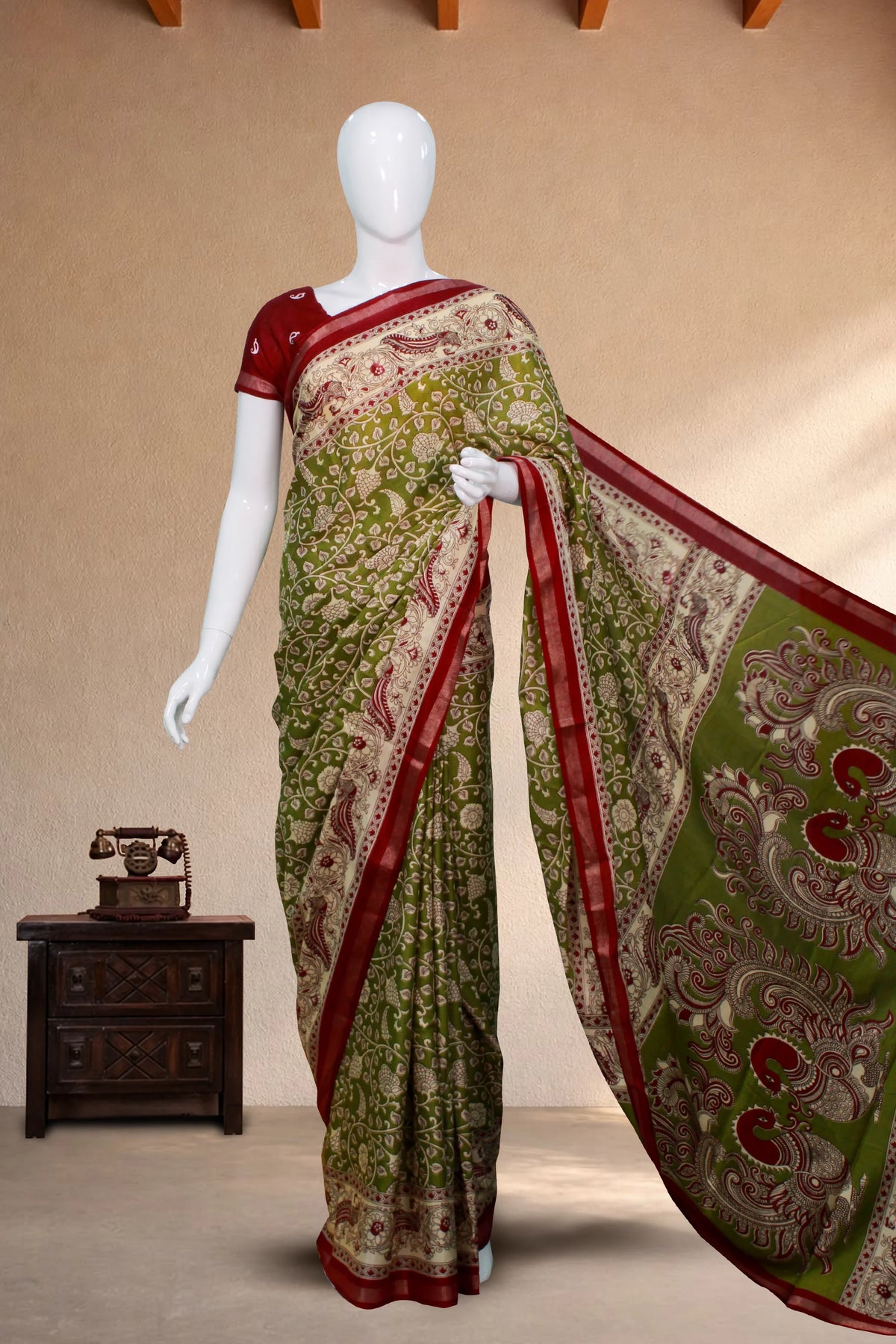 Mehendi Green Maheswari Cotton with Floral Kalamkari Print