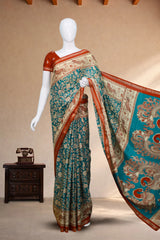 Teal Blue Maheswari Cotton with Floral Kalamkari Print