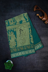 Teal Blue Maheswari Silk Saree with Mythological Kalamkari Print