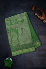 Sage Green Maheswari Silk Saree with Mythological Kalamkari Print