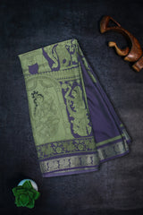 Rich Purple Maheswari Silk Saree with Mythological Kalamkari Print