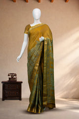 Mustard Gold Maheswari Silk Saree with Mythological Kalamkari Print