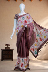 Mocha Brown Linen with birds and floral print