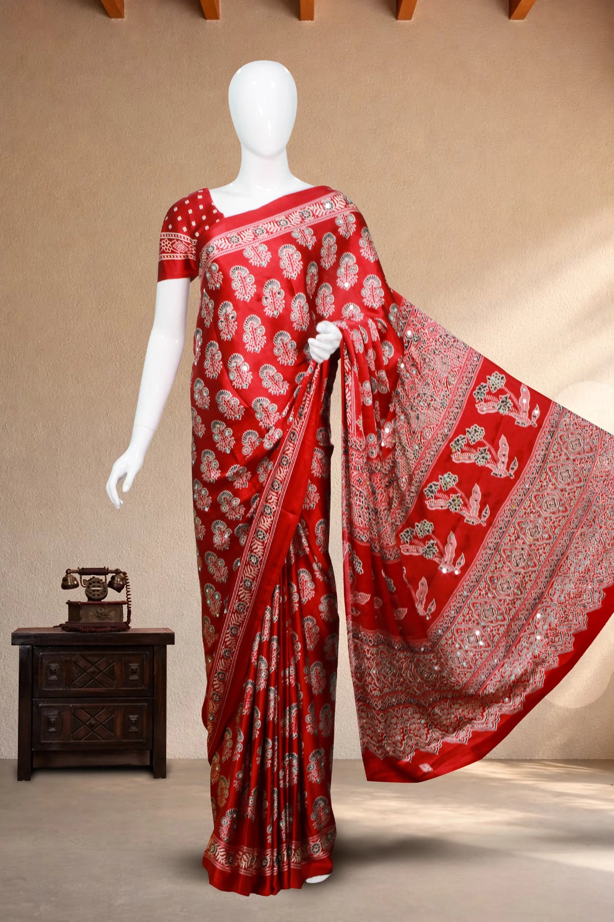 Dark Red Modal Silk (Mirror Work) with Ajrakh Block Print