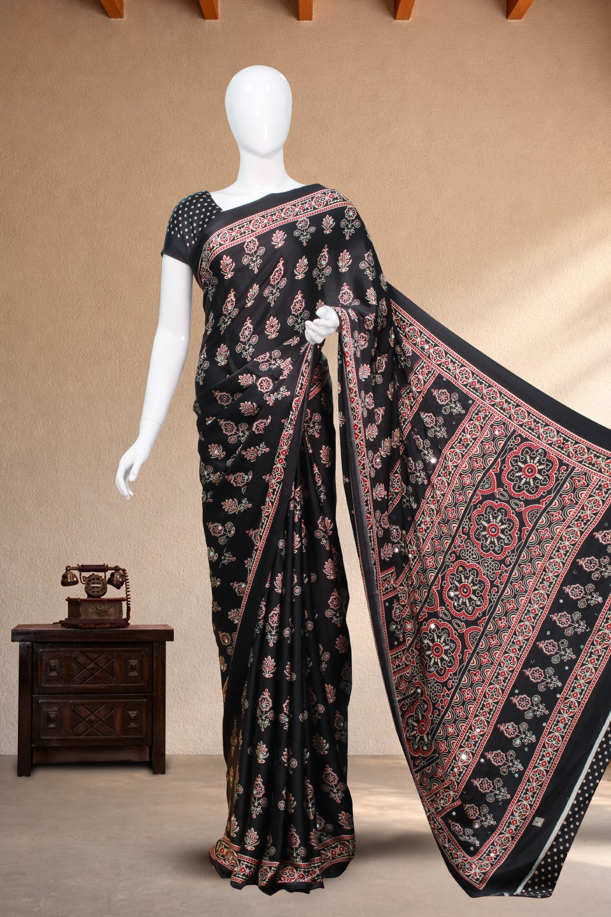 Black Modal Silk Saree with Ajrakh Block Print & Mirror Work