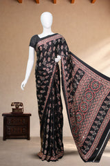 Black Modal Silk Saree with Ajrakh Block Print & Mirror Work