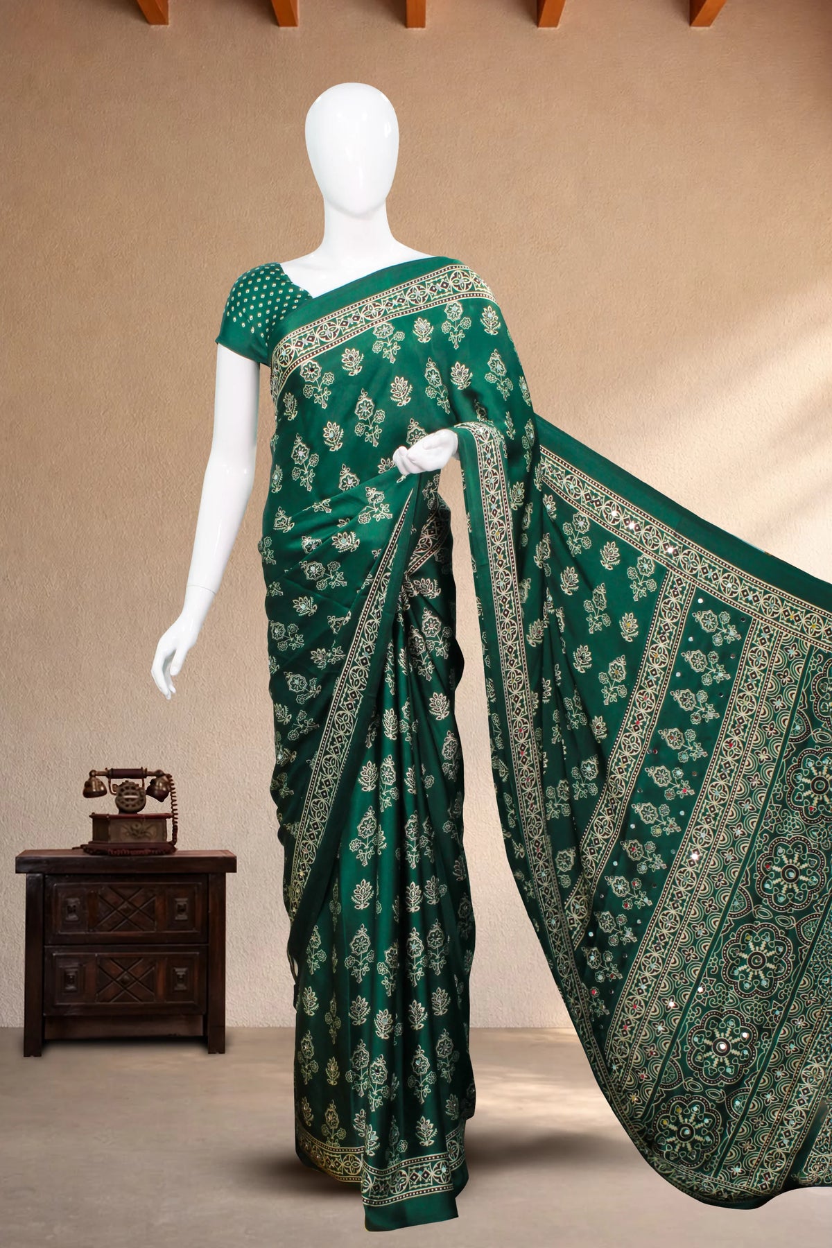 Emerald Green Modal Silk Saree with Ajrakh Block Print & Mirror Work