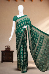 Emerald Green Modal Silk Saree with Ajrakh Block Print & Mirror Work