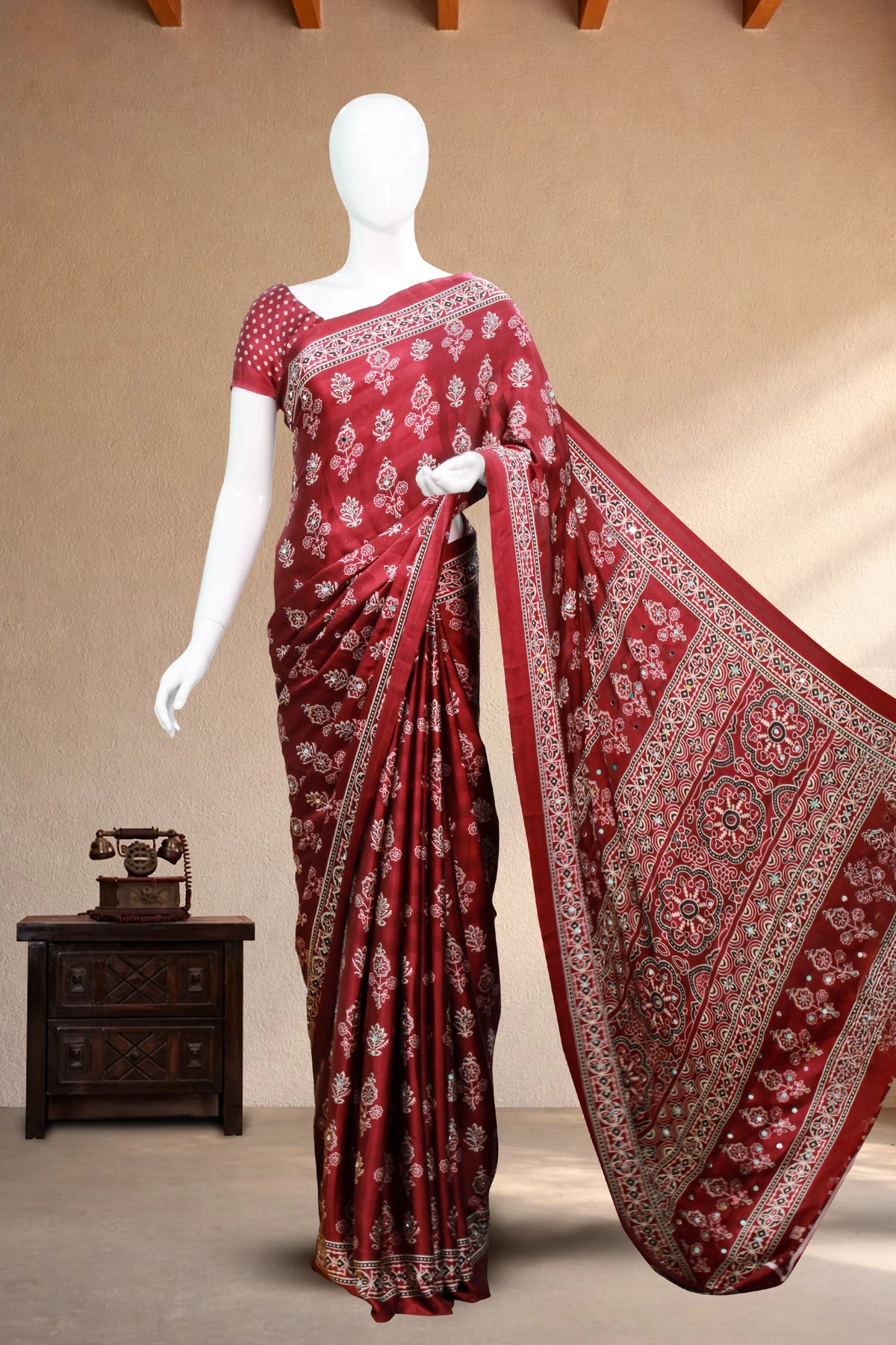 Grape Wine Modal Silk Saree with Ajrakh Block Print & Mirror Work