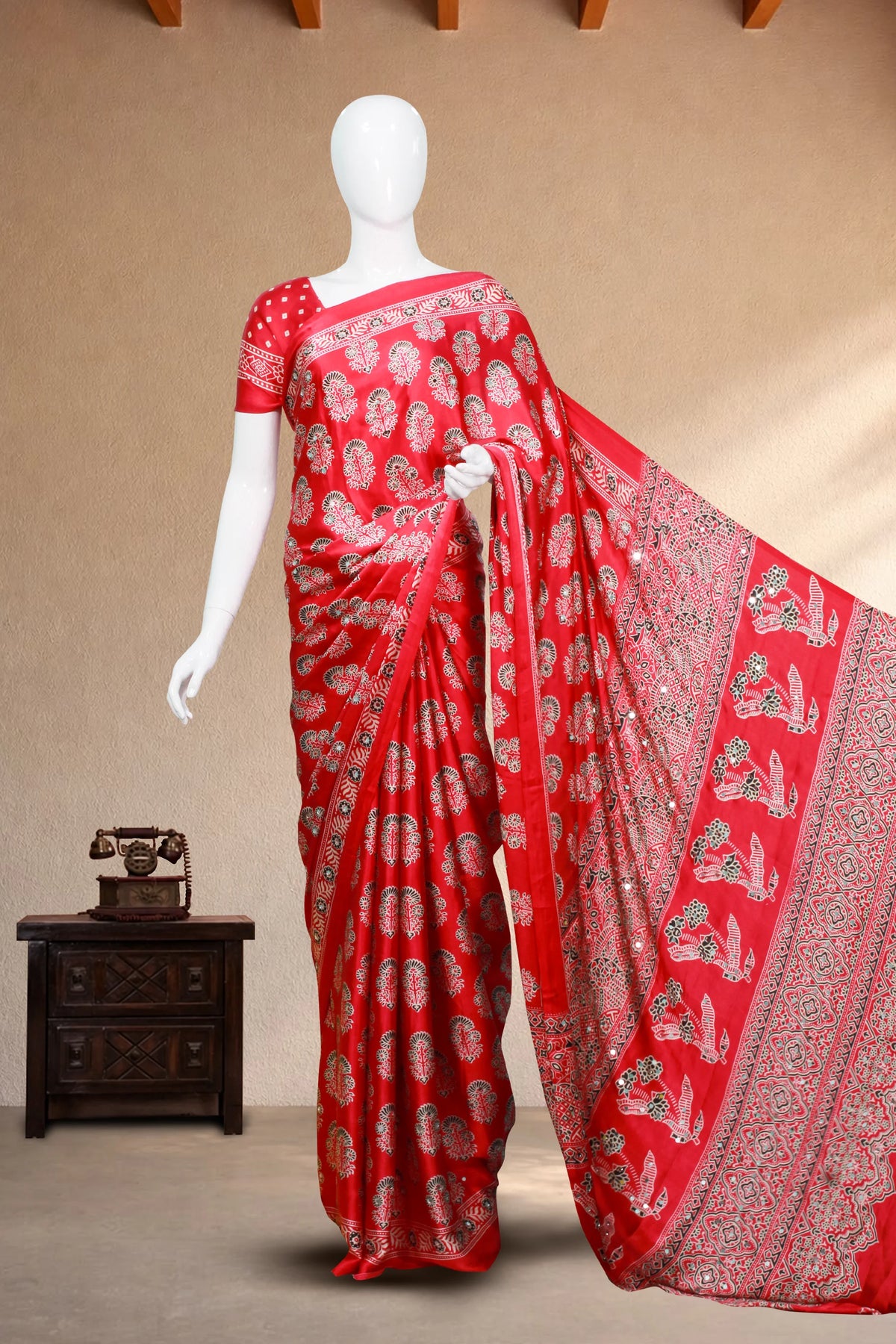 Majenta Pink Modal Silk (Mirror Work) with Ajrakh Block Print