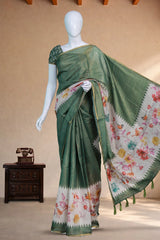 Moss Green Linen with birds and floral print