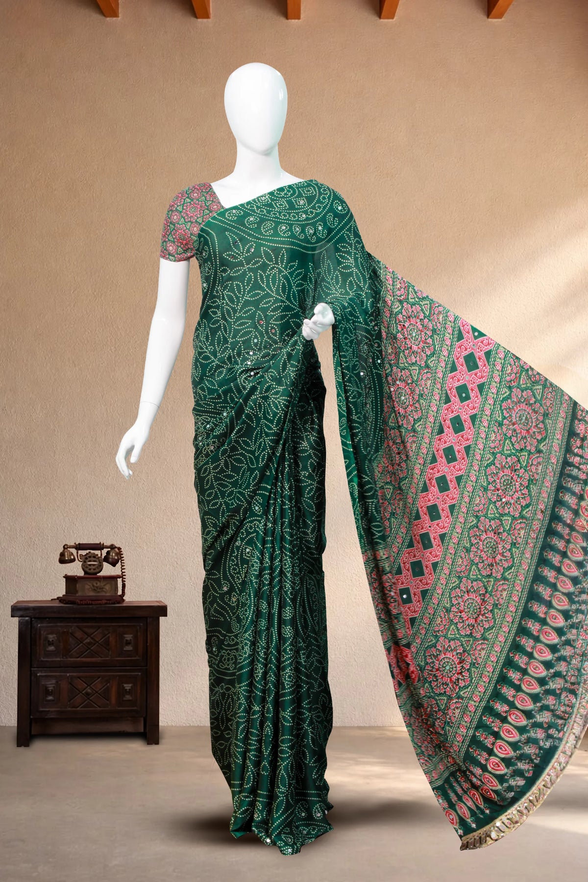Green Moss Silk (Mirror Work) with Bandhini Print