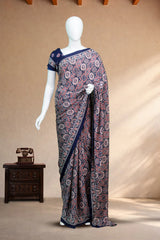Navy Blue Modal Silk (Mirror Work) with Ajrakh Block Print