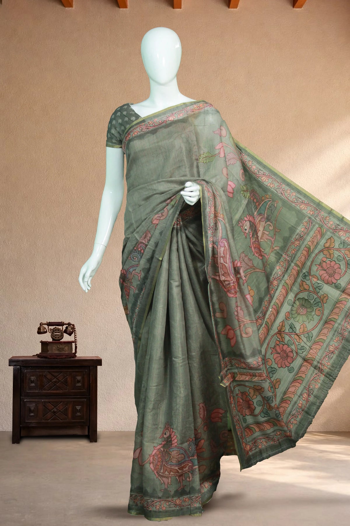 Olive Geen Linen with Floral Print