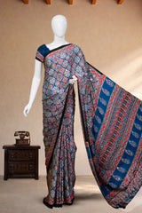 Peacock Blue Modal Silk (Mirror Work) with Ajrakh Block Print