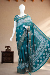 Peacock Blue Printed Cotton Saree