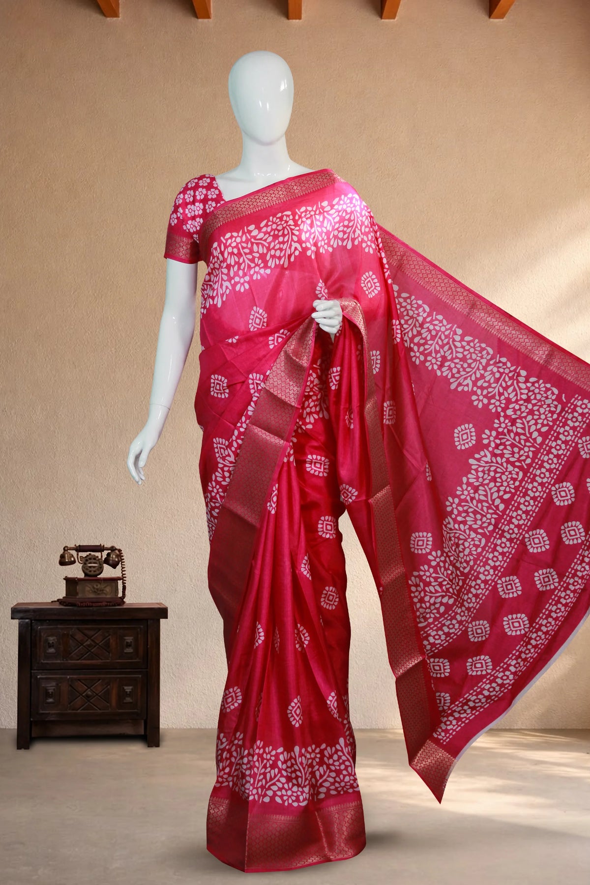 Royal Pink Printed Cotton Saree