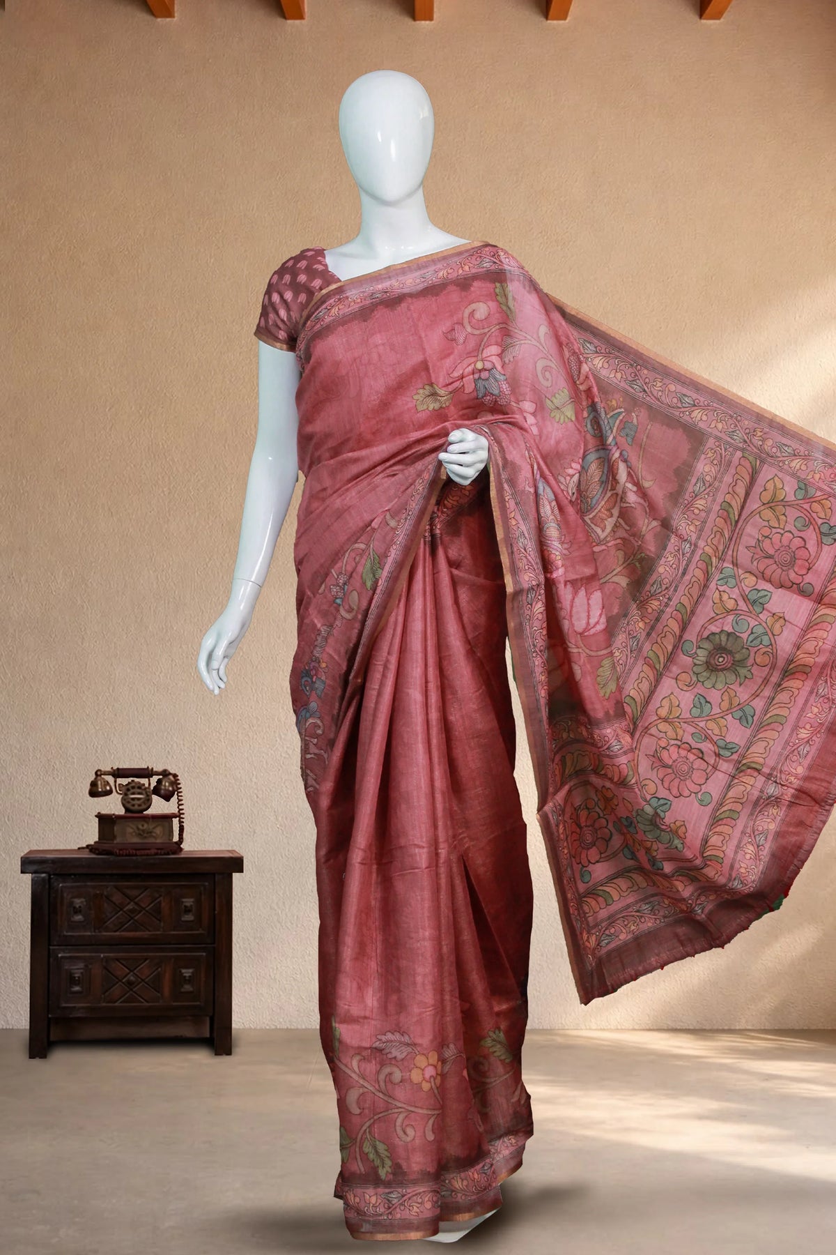 Terracotta Red Linen with Floral Print