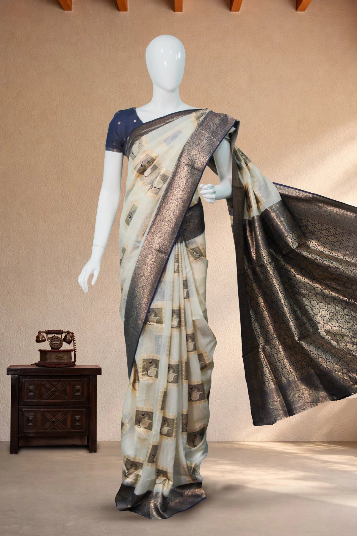 Navy Blue Tissue Cotton/Kerala Kasavu